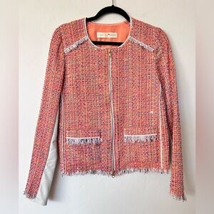 Ramy Brook Pink Orange Tweed Leather Collarless Paneled Blazer Jacket
